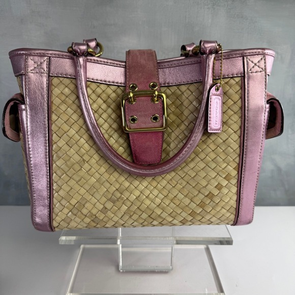 Coach Handbags - VTG Coach Straw Tote Women Pink Metallic Leather Suede Woven Basket Bag Y2K 4419